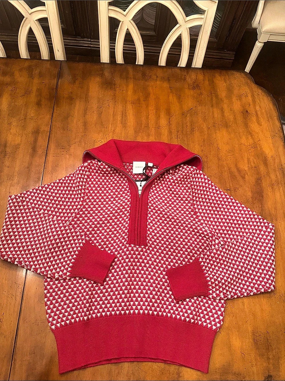 Varley Lloyd Stitch Knit Sweater Geometric Quarter-Zip Red & White Medium proced
